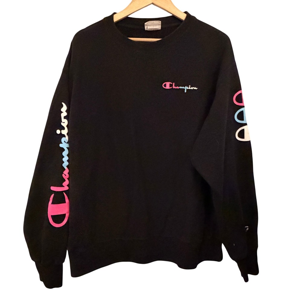 Champion Reverse Weave Sweatshirt‎ Mens XL Black Multi Color Logo Pullover EX